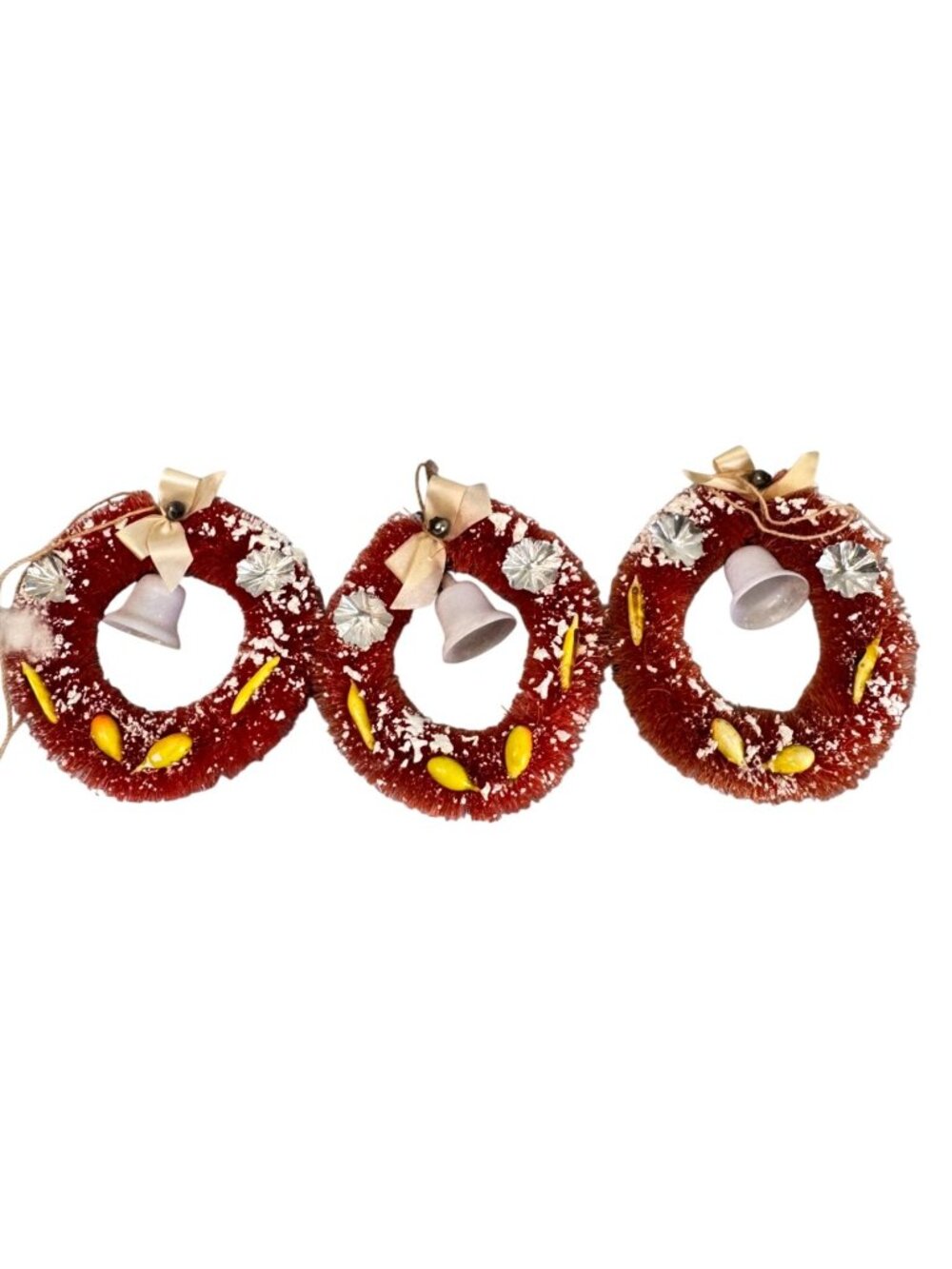 Set of 3 Vintage Bottle Brush Christmas Wreath Ornaments Bell Japan 4" - Picture 3 of 11
